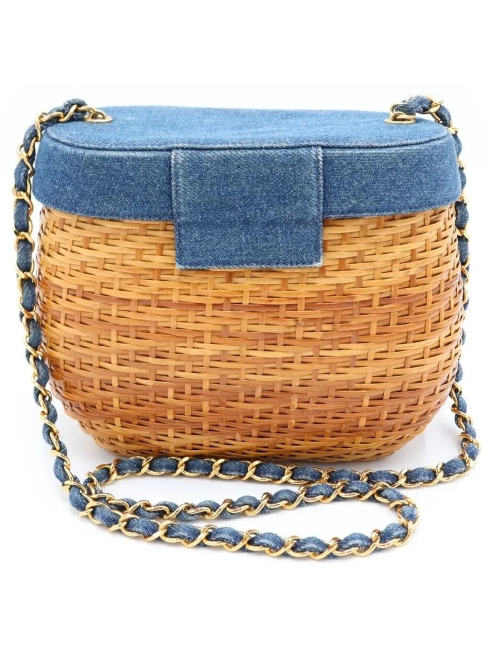 Chanel CC Logo Chain Basket Shoulder Bag Beige Indigo Blue Straw Denim Gold